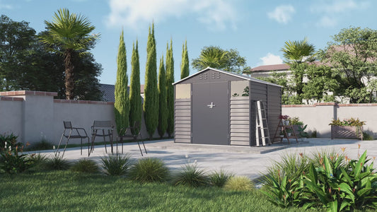 Charcoal Steel Tool Shed with Front Windows and Ventilation