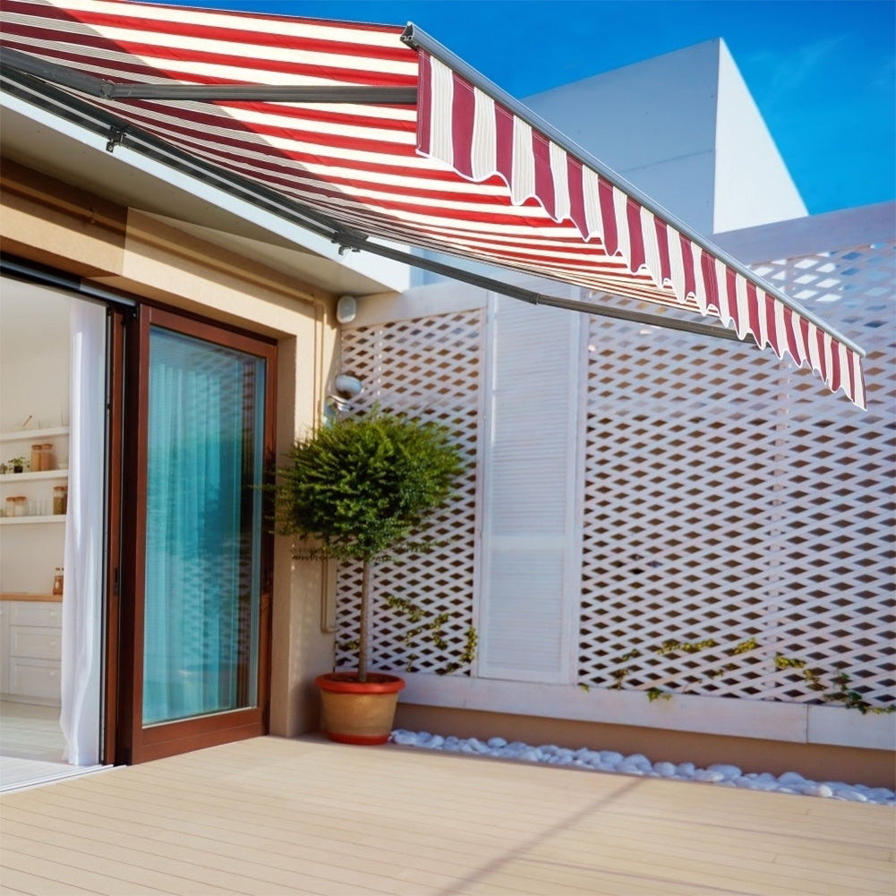 Retractable Patio Awning - Manual Shelter - Red & White Awnings   