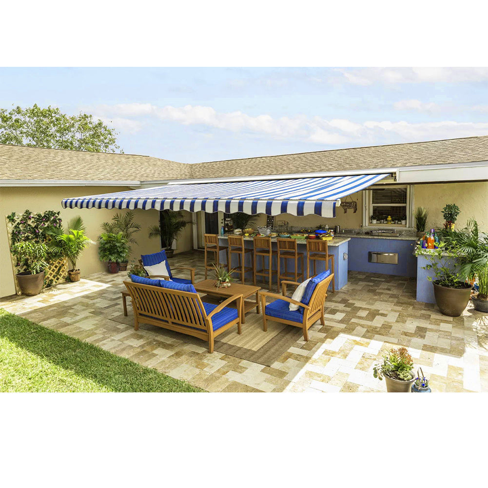 Retractable Patio Awning - Manual Shelter - Blue & White Awnings   