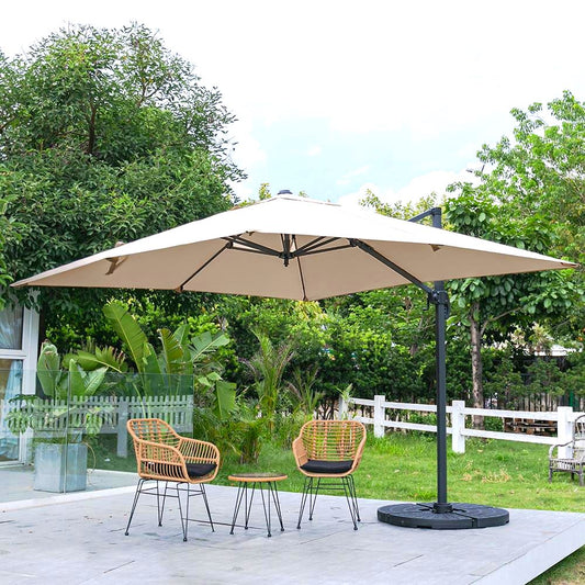 Khaki 3 x 3 m Square Cantilever Parasol Outdoor Hanging Umbrella for Garden and Patio Parasols   Parasol + Cross Base + Round Water Tank 