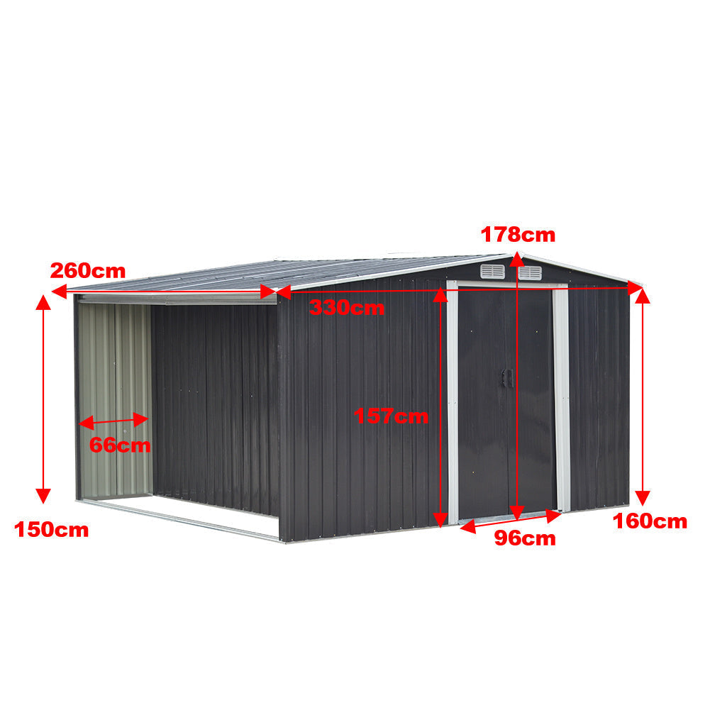Garden Steel Shed Gable Roof Top with Firewood Storage Garden storage Garden Sanctuary W 330 x T 260 x H 178 cm 