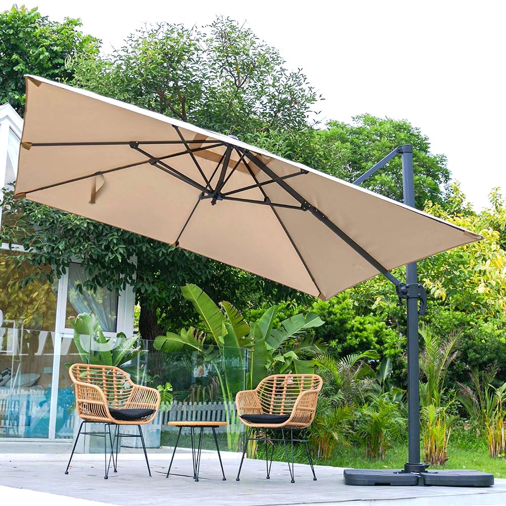 Khaki 3 x 3 m Square Cantilever Parasol Outdoor Hanging Umbrella for Garden and Patio Parasols   Parasol + Cross Base + Petal Water Tank 