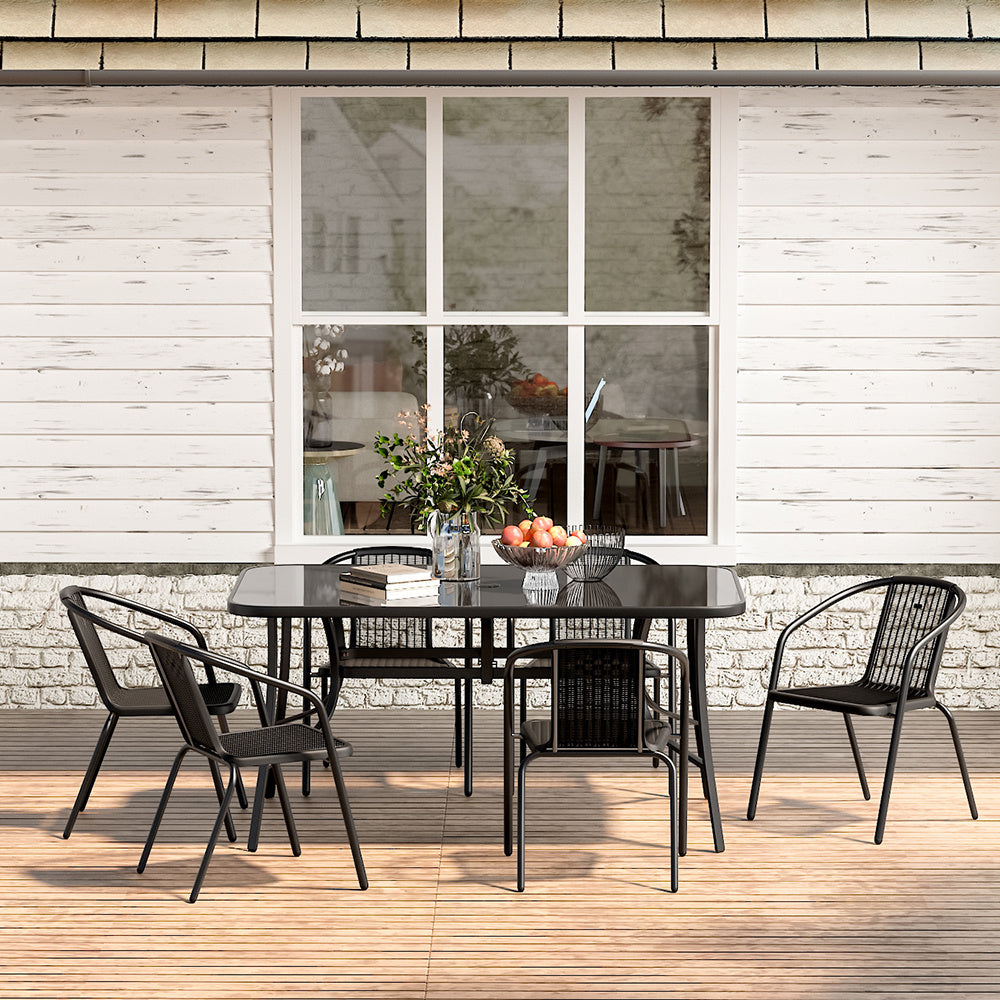 Garden Rectangular Tempered Glass Table and Rattan Chairs GARDEN DINING SETS   W 90 x L 150 x H 72 cm Table with 6 Chairs 