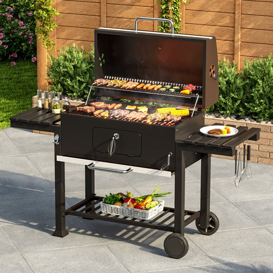 Barrel Charcoal Outdoor Grill Wide 160cm with Side Shelves Garden BBQ Grill   