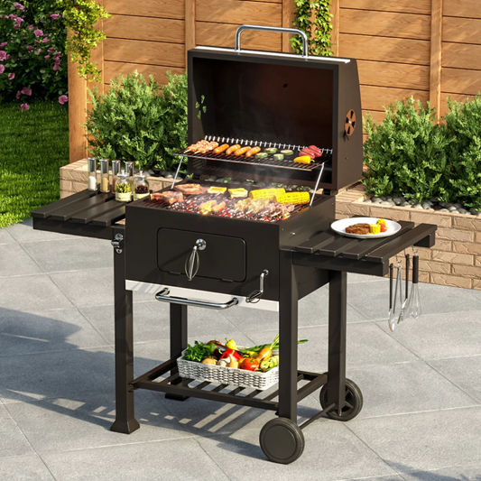 138CM Wide Charcoal BBQ Grill with Side Shelves