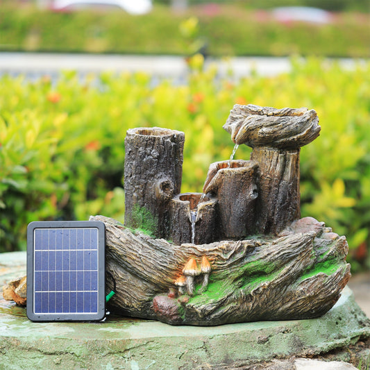 Solar Powered Log-Shaped Outdoor Cascading Water Fountain with LED Lights