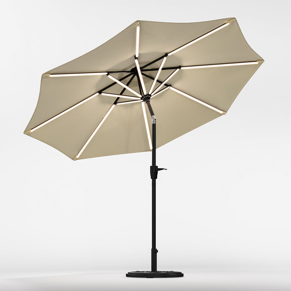 Beige Outdoor Crank Lift Parasol Umbrella with LED Lights