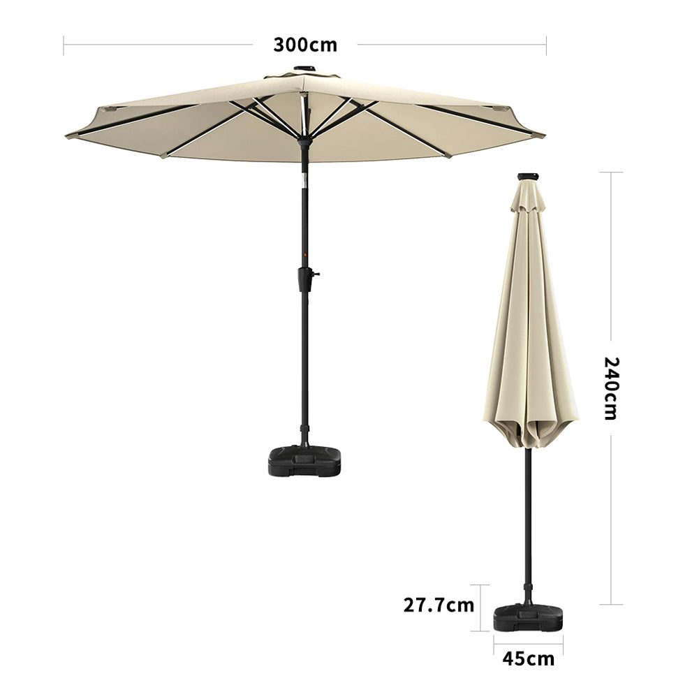 Beige Outdoor Crank Lift Parasol Umbrella with LED Lights