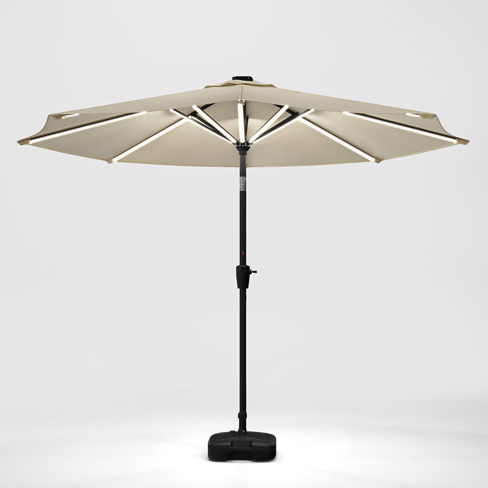 Beige Outdoor Crank Lift Parasol Umbrella with LED Lights