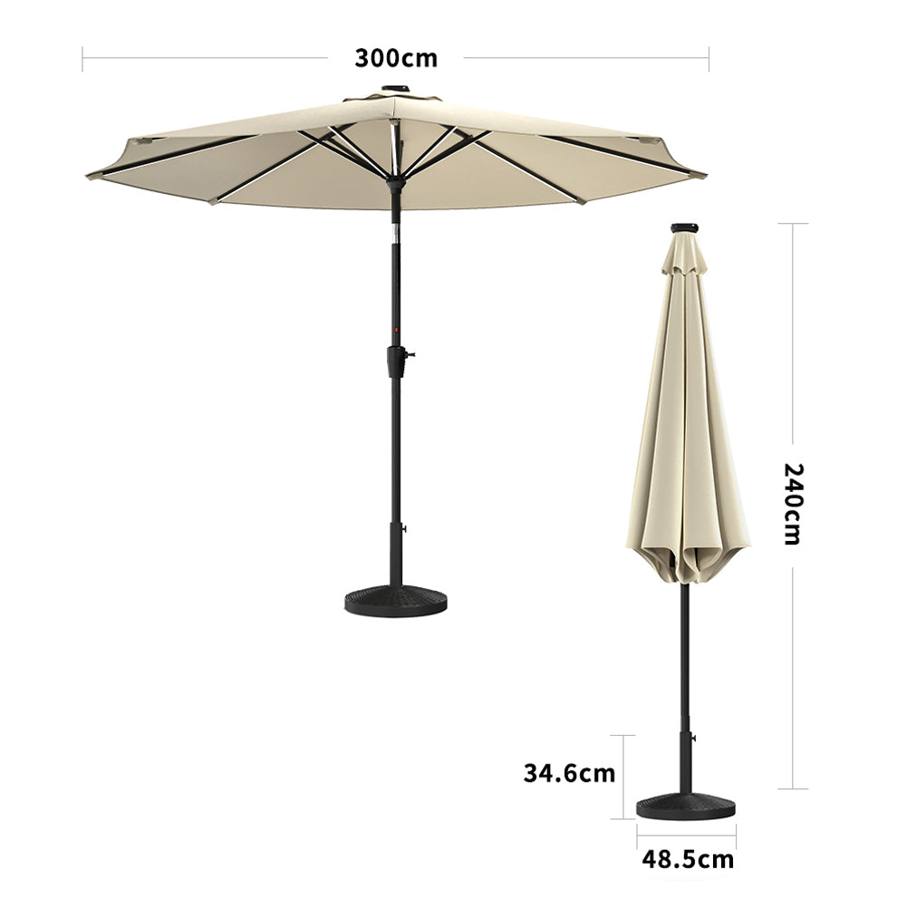 Beige Outdoor Crank Lift Parasol Umbrella with LED Lights