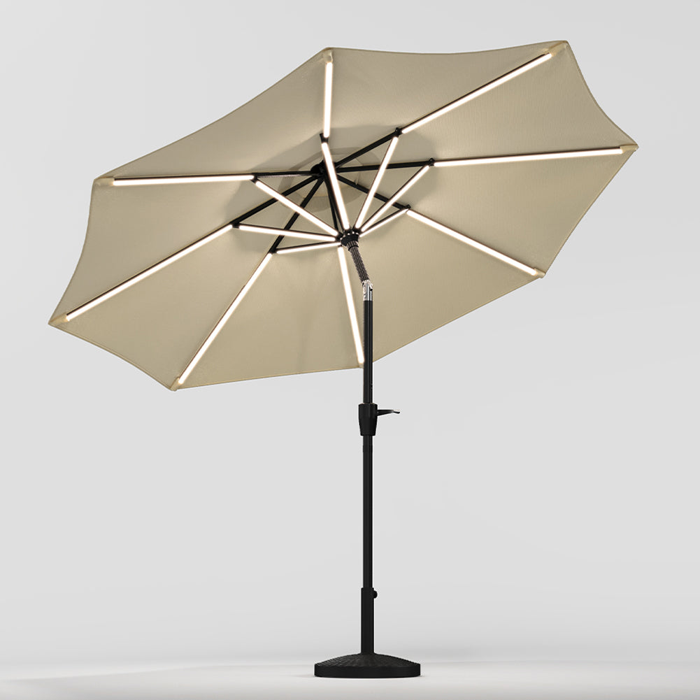 Beige Outdoor Crank Lift Parasol Umbrella with LED Lights