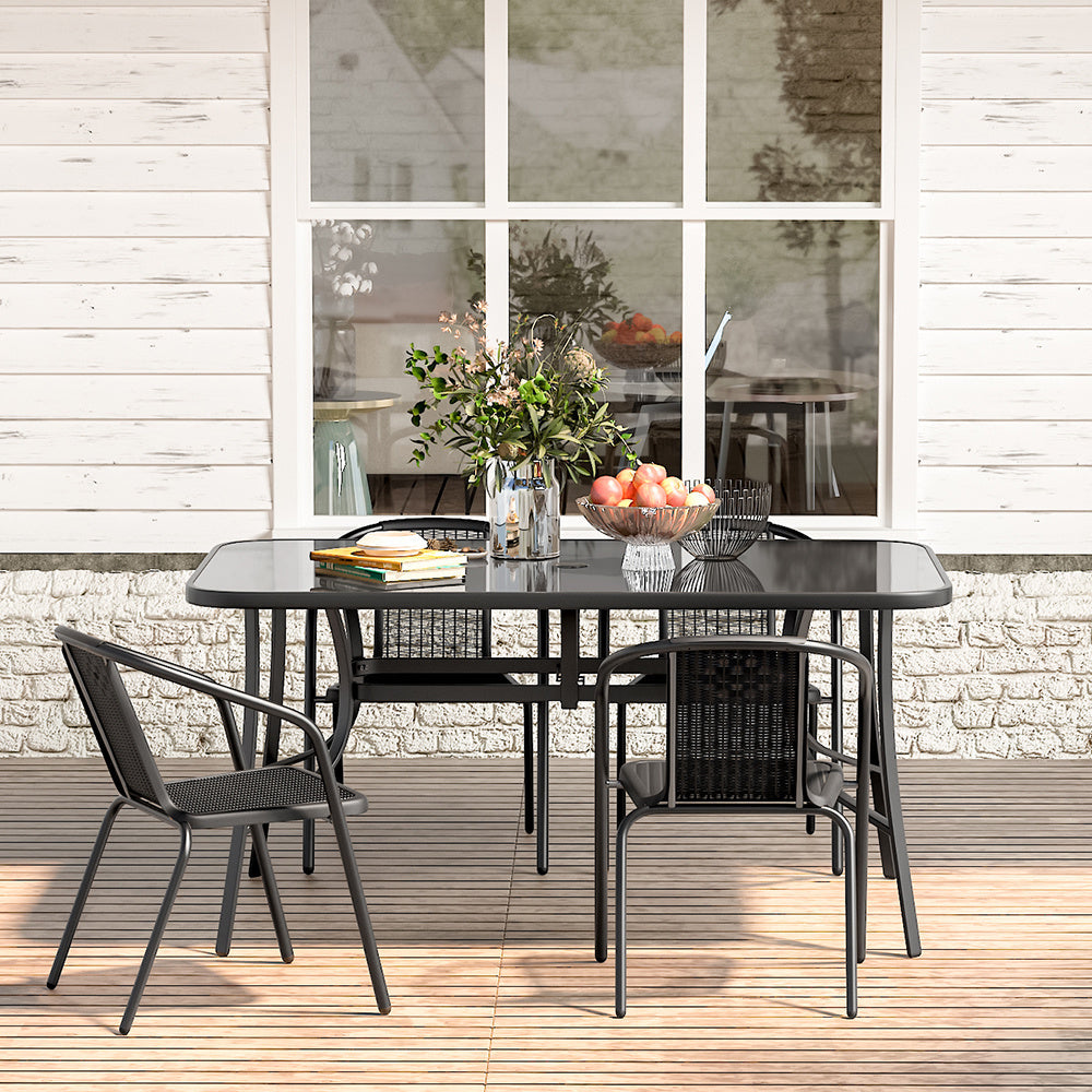 Garden Rectangular Tempered Glass Table and Rattan Chairs GARDEN DINING SETS   W 90 x L 150 x H 72 cm Table with 4 Chairs 