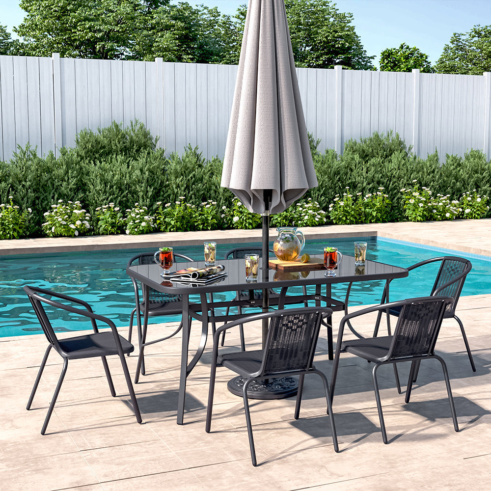 Garden Rectangular Tempered Glass Table and Rattan Chairs Garden Dining Sets   