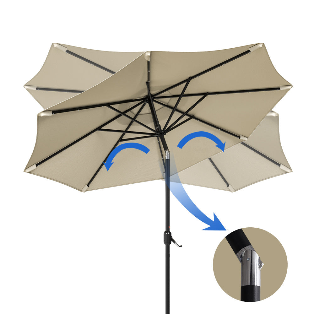 Beige 3m Patio Garden Parasol Sun Umbrella Sunshade Canopy With Solar LED Lights Parasols & Rain Umbrellas   