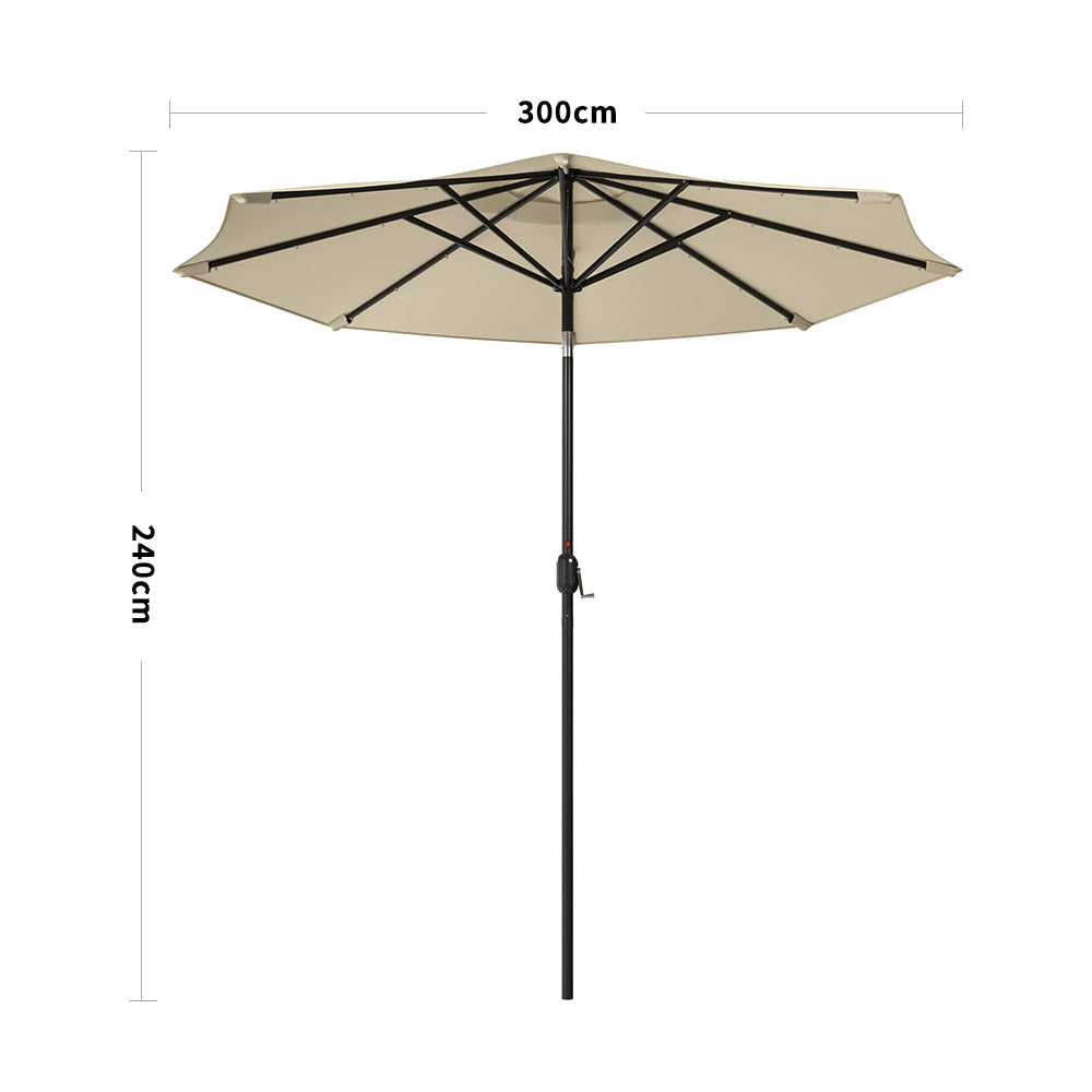 Beige 3m Patio Garden Parasol Sun Umbrella Sunshade Canopy With Solar LED Lights Parasols & Rain Umbrellas   Only parasol 