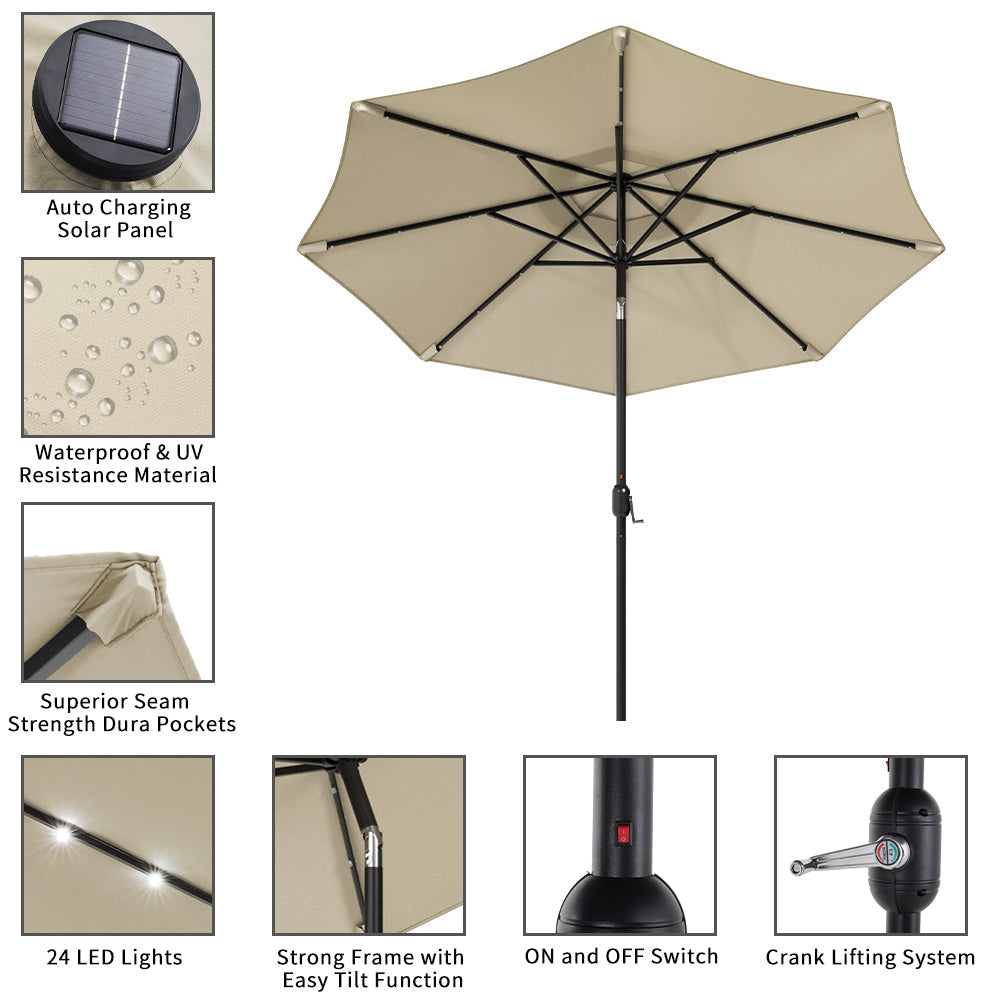 Beige 3m Patio Garden Parasol Sun Umbrella Sunshade Canopy With Solar LED Lights Parasols & Rain Umbrellas   