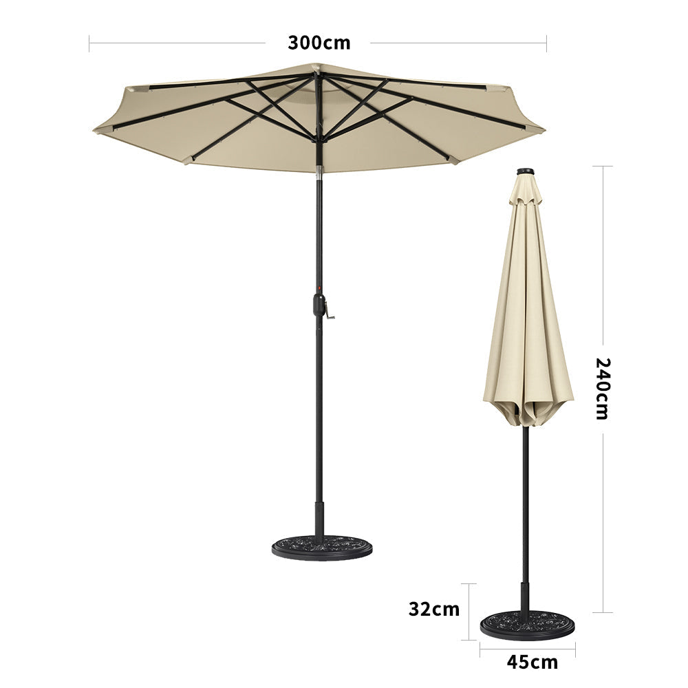 Beige 3m Patio Garden Parasol Sun Umbrella Sunshade Canopy With Solar LED Lights Parasols & Rain Umbrellas   10KG Petal cement tank base 