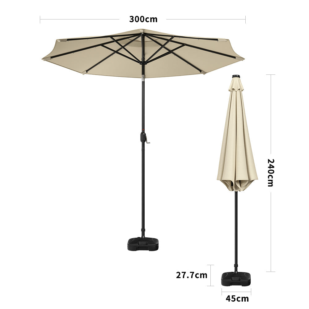 Beige 3m Patio Garden Parasol Sun Umbrella Sunshade Canopy With Solar LED Lights Parasols & Rain Umbrellas   Rectangle water tank base 