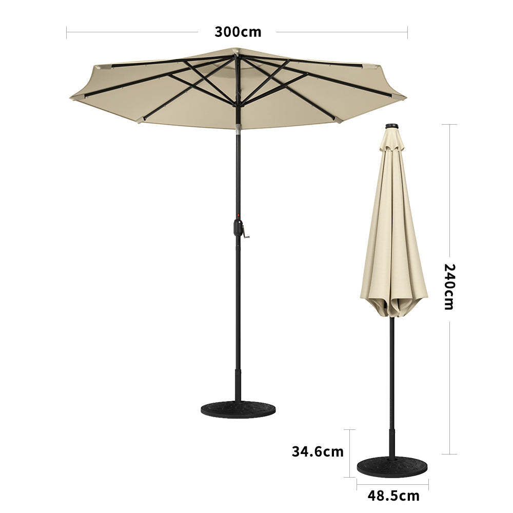 Beige 3m Patio Garden Parasol Sun Umbrella Sunshade Canopy With Solar LED Lights Parasols & Rain Umbrellas   Rattan Effect 14KG Resin tank base 