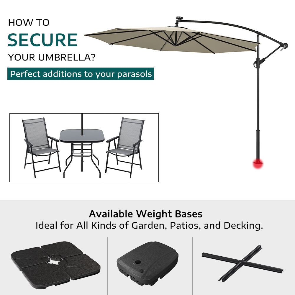 Beige 3m Iron Banana Umbrella Cantilever Garden Parasols with LED Lights Parasols & Rain Umbrellas   