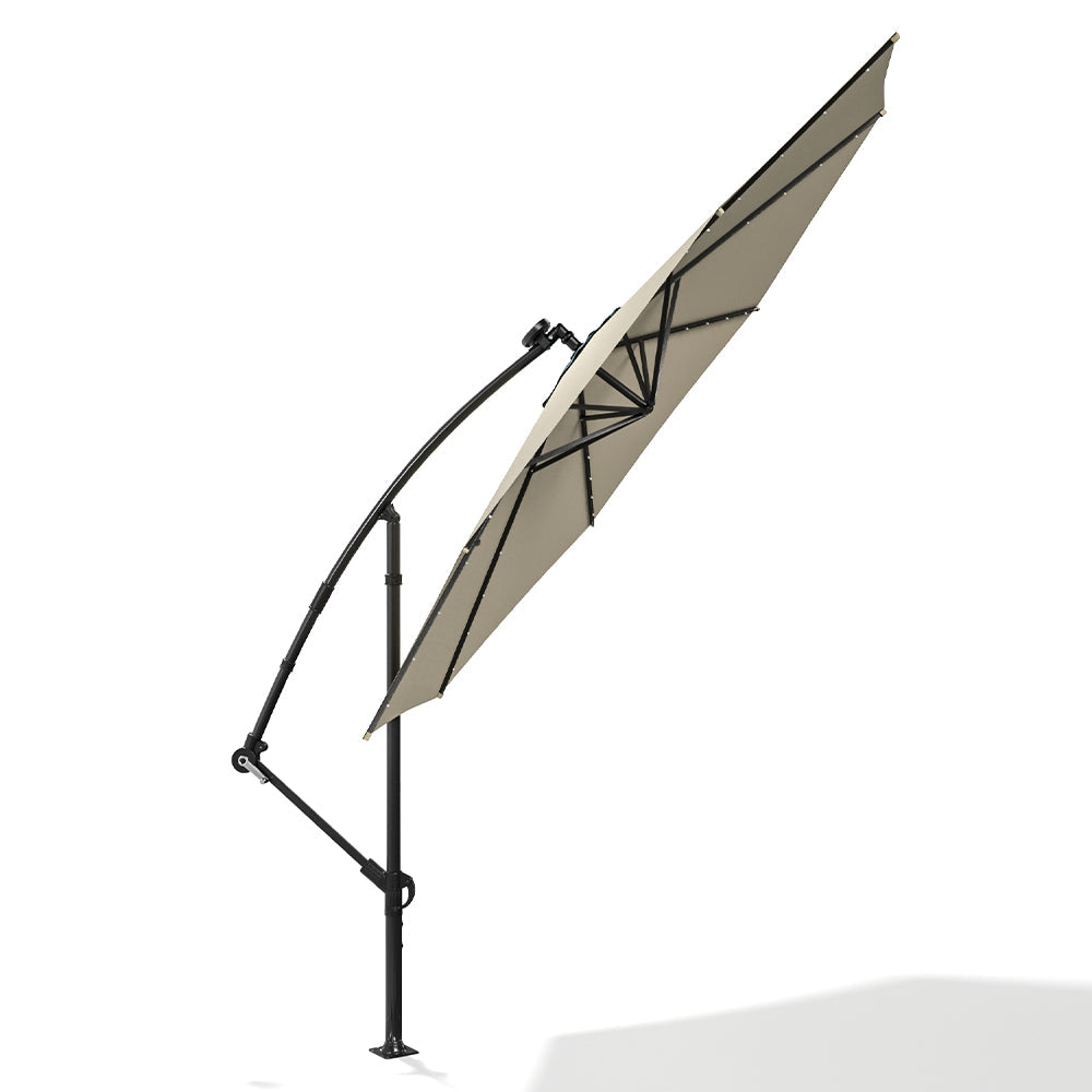 Beige 3m Iron Banana Umbrella Cantilever Garden Parasols with LED Lights Parasols & Rain Umbrellas   