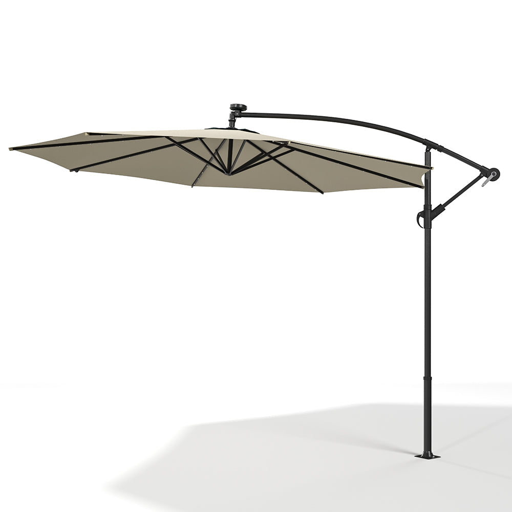 Beige 3m Iron Banana Umbrella Cantilever Garden Parasols with LED Lights Parasols & Rain Umbrellas   