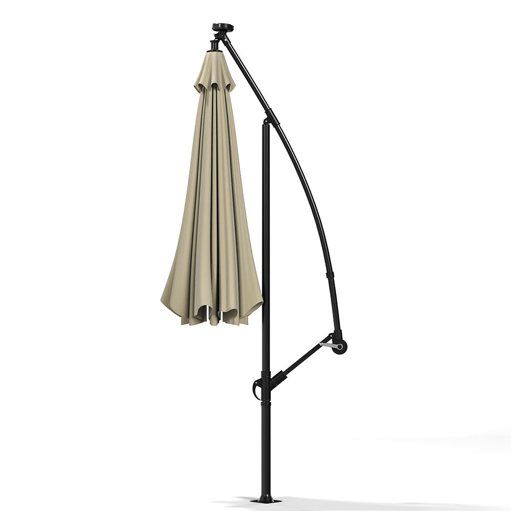 Beige 3m Iron Banana Umbrella Cantilever Garden Parasols with LED Lights Parasols & Rain Umbrellas   