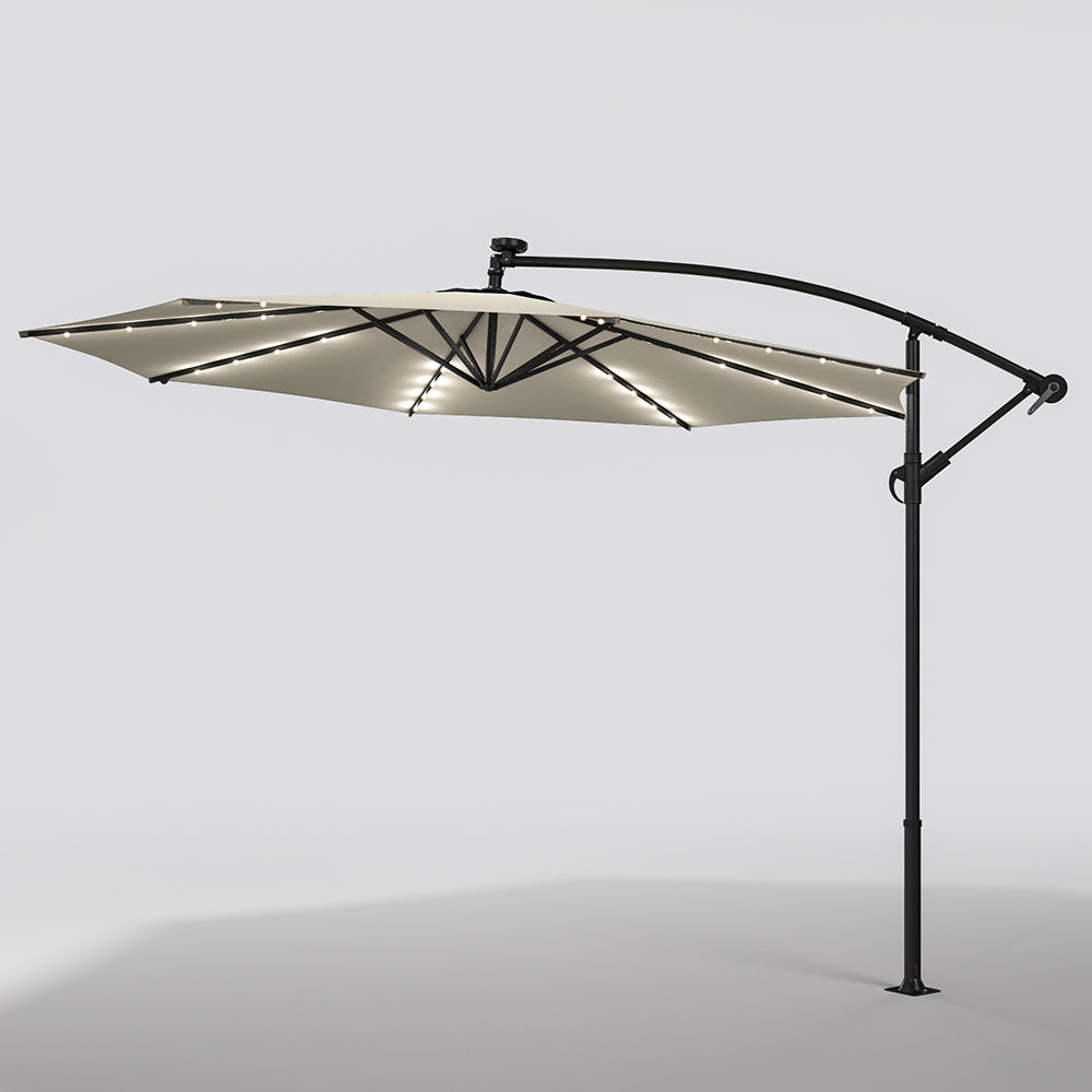 Beige 3m Iron Banana Umbrella Cantilever Garden Parasols with LED Lights Parasols & Rain Umbrellas   