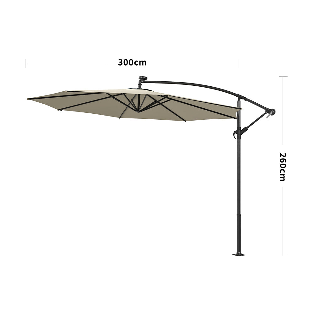 Beige 3m Iron Banana Umbrella Cantilever Garden Parasols with LED Lights Parasols & Rain Umbrellas   Only Parasol 