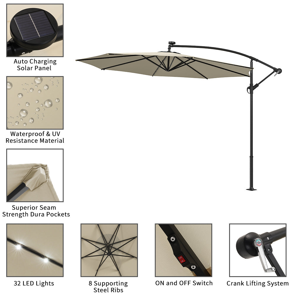 Beige 3m Iron Banana Umbrella Cantilever Garden Parasols with LED Lights Parasols & Rain Umbrellas   