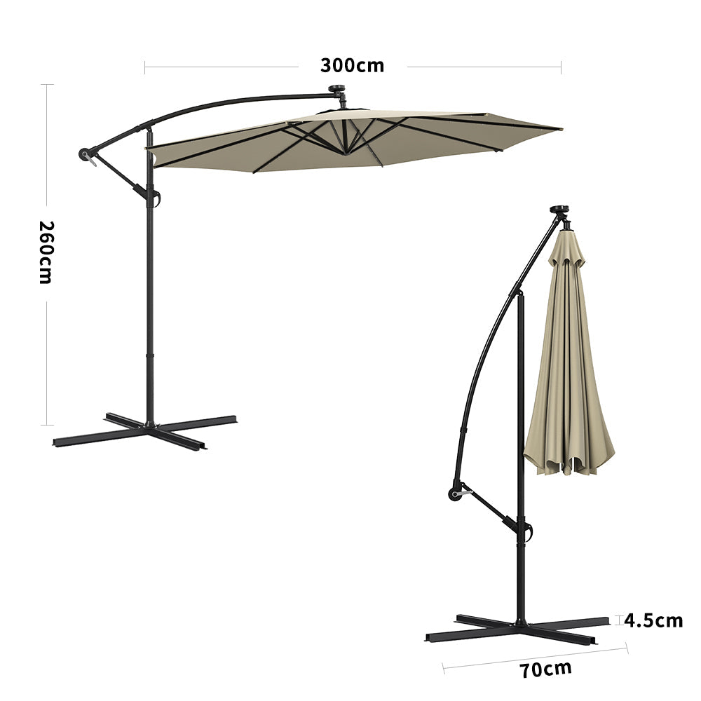 Beige 3m Iron Banana Umbrella Cantilever Garden Parasols with LED Lights Parasols & Rain Umbrellas   Cross Base 