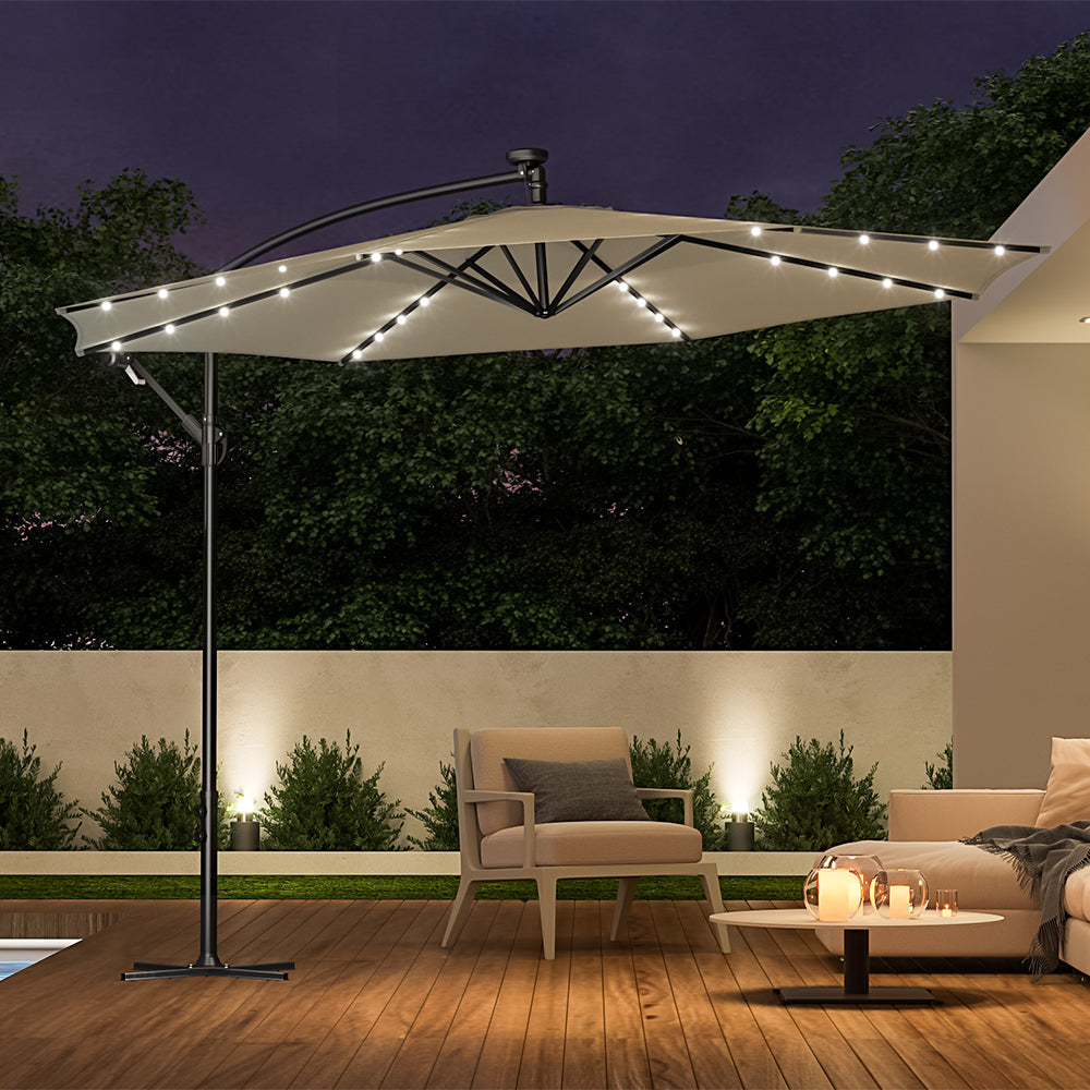 Beige 3m Iron Banana Umbrella Cantilever Garden Parasols with LED Lights Parasols & Rain Umbrellas   