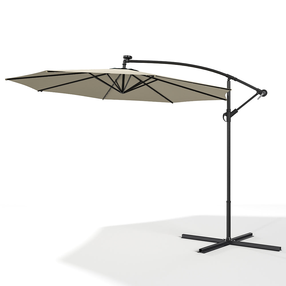 Beige 3m Iron Banana Umbrella Cantilever Garden Parasols with LED Lights Parasols & Rain Umbrellas   