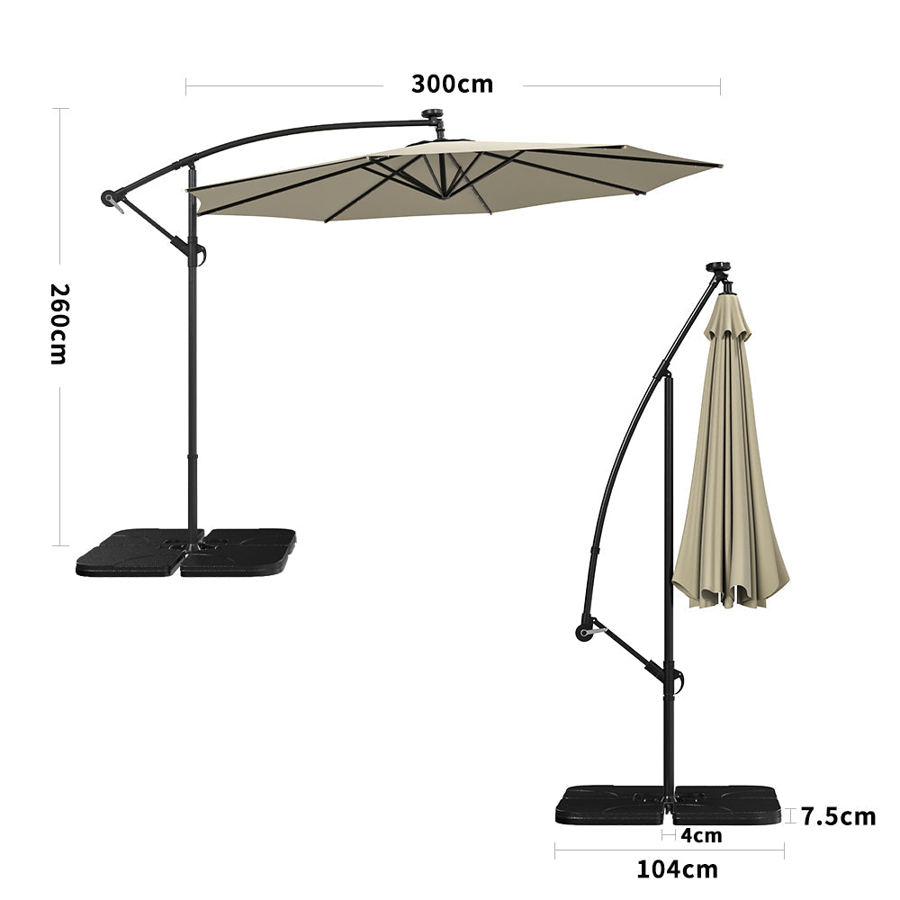 Beige 3m Iron Banana Umbrella Cantilever Garden Parasols with LED Lights Parasols & Rain Umbrellas   Cross base+Petal water tank base 