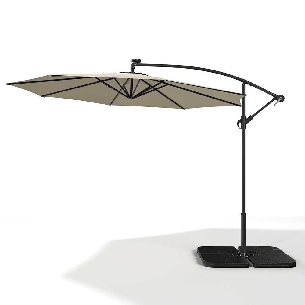 Beige 3m Iron Banana Umbrella Cantilever Garden Parasols with LED Lights Parasols & Rain Umbrellas   