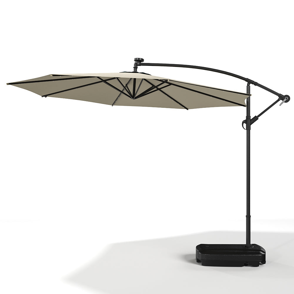 Beige 3m Iron Banana Umbrella Cantilever Garden Parasols with LED Lights Parasols & Rain Umbrellas   