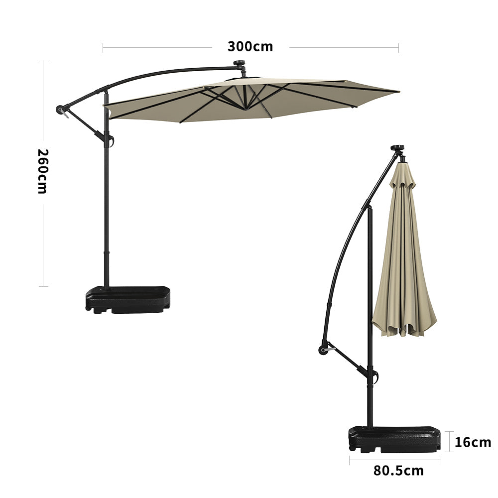 Beige 3m Iron Banana Umbrella Cantilever Garden Parasols with LED Lights Parasols & Rain Umbrellas   Rectangle water tank base 