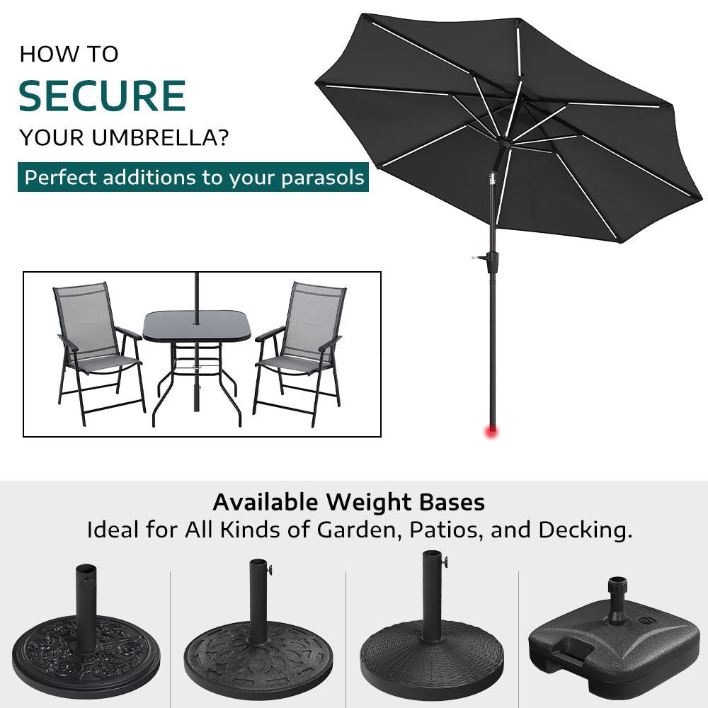 Black 3M Lighted Market Sunbrella Umbrella with Solar Strip LED Lights Parasols & Rain Umbrellas   