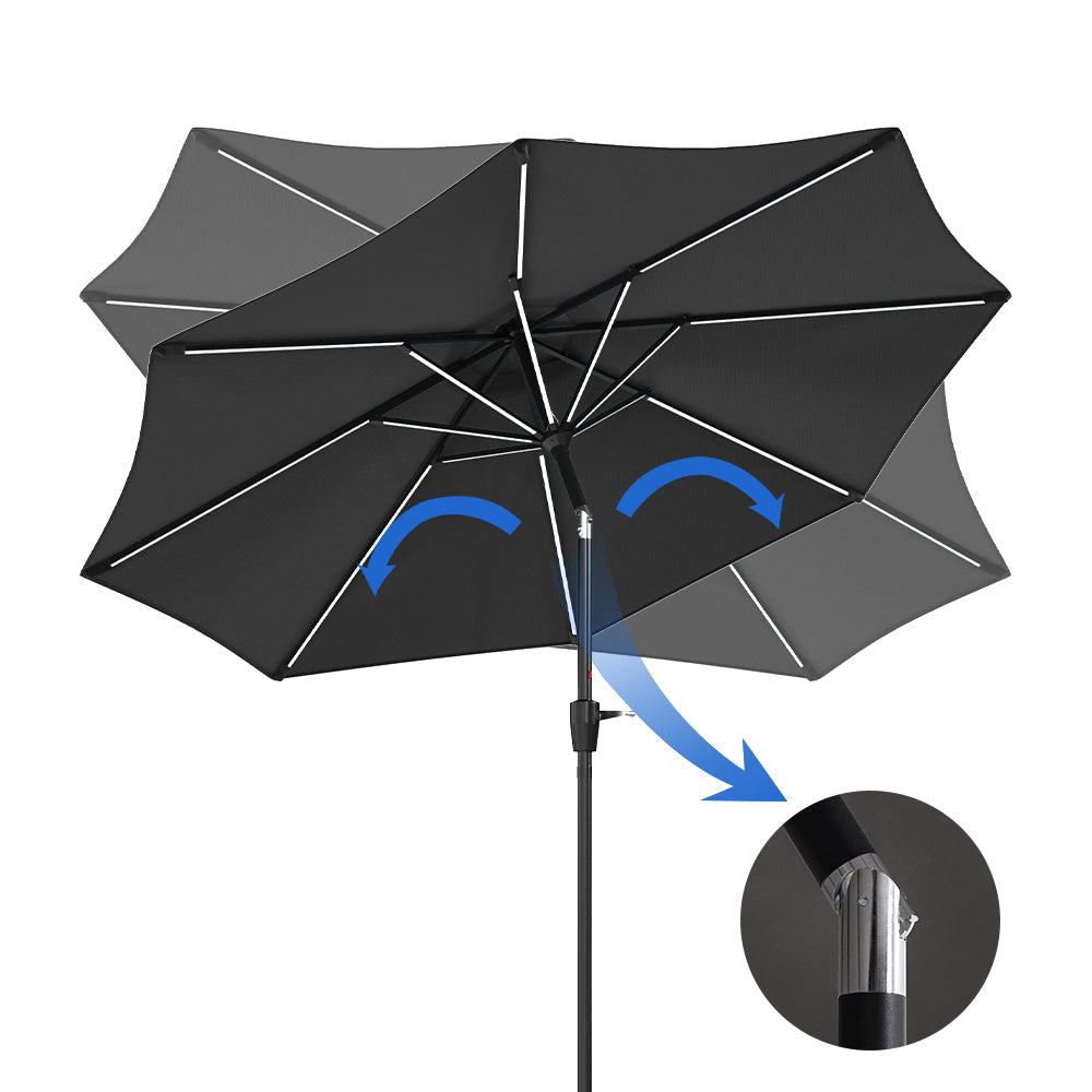 Black 3M Lighted Market Sunbrella Umbrella with Solar Strip LED Lights Parasols & Rain Umbrellas   