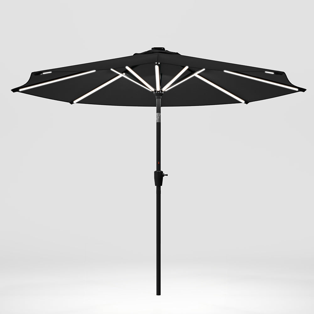 Black 3M Lighted Market Sunbrella Umbrella with Solar Strip LED Lights Parasols & Rain Umbrellas   