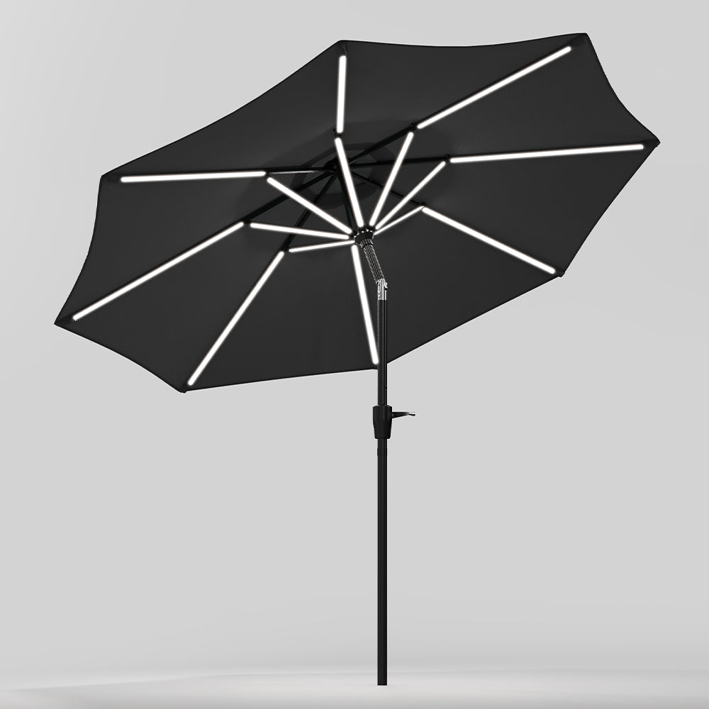 Black 3M Lighted Market Sunbrella Umbrella with Solar Strip LED Lights Parasols & Rain Umbrellas   