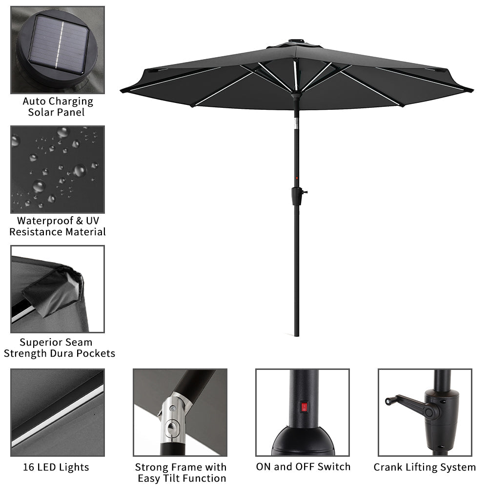 Black 3M Lighted Market Sunbrella Umbrella with Solar Strip LED Lights Parasols & Rain Umbrellas   