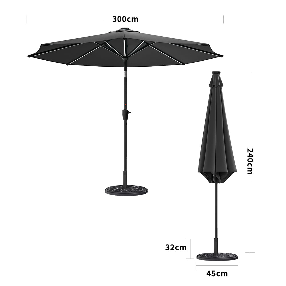 Black 3M Lighted Market Sunbrella Umbrella with Solar Strip LED Lights Parasols & Rain Umbrellas   Parasol + 10KG Petal cement tank base 