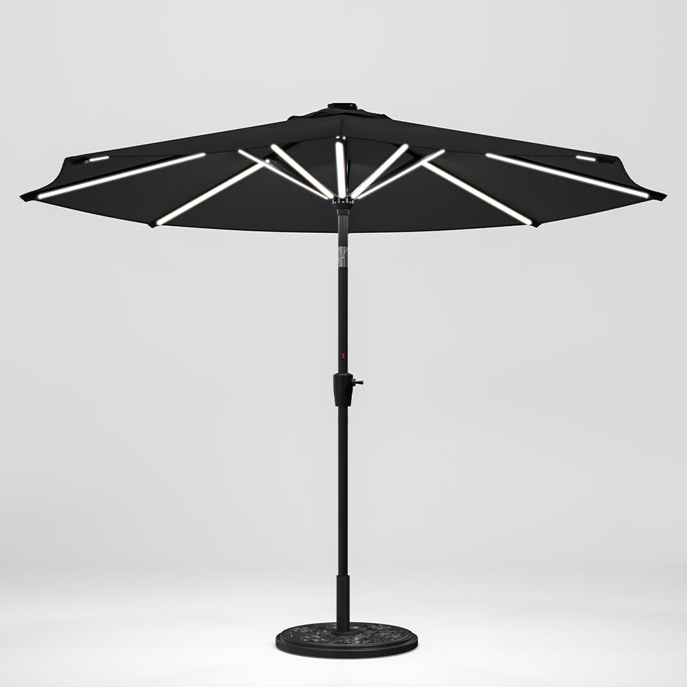 Black 3M Lighted Market Sunbrella Umbrella with Solar Strip LED Lights Parasols & Rain Umbrellas   