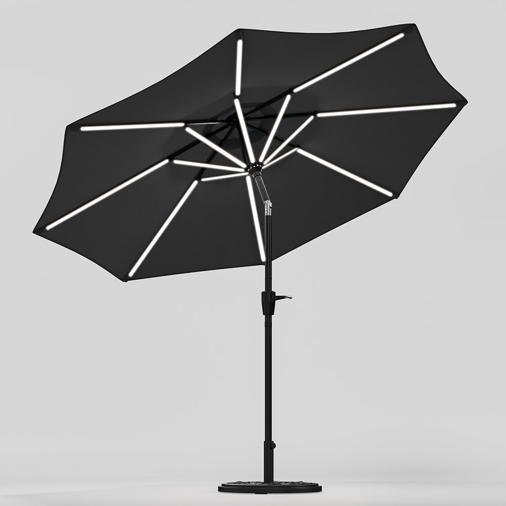 Black 3M Lighted Market Sunbrella Umbrella with Solar Strip LED Lights Parasols & Rain Umbrellas   