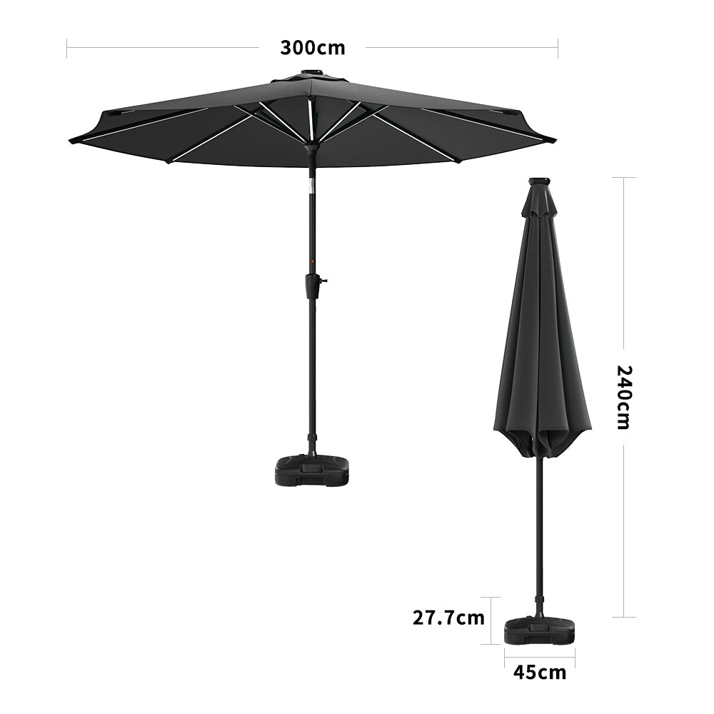 Black 3M Lighted Market Sunbrella Umbrella with Solar Strip LED Lights Parasols & Rain Umbrellas   Parasol + Circle Effect 14KG Resin tank base 