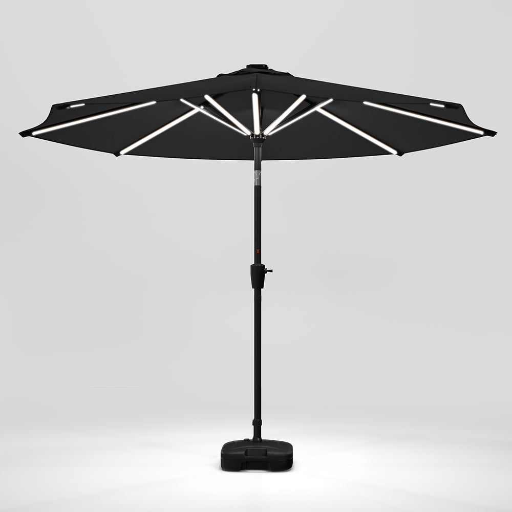 Black 3M Lighted Market Sunbrella Umbrella with Solar Strip LED Lights Parasols & Rain Umbrellas   