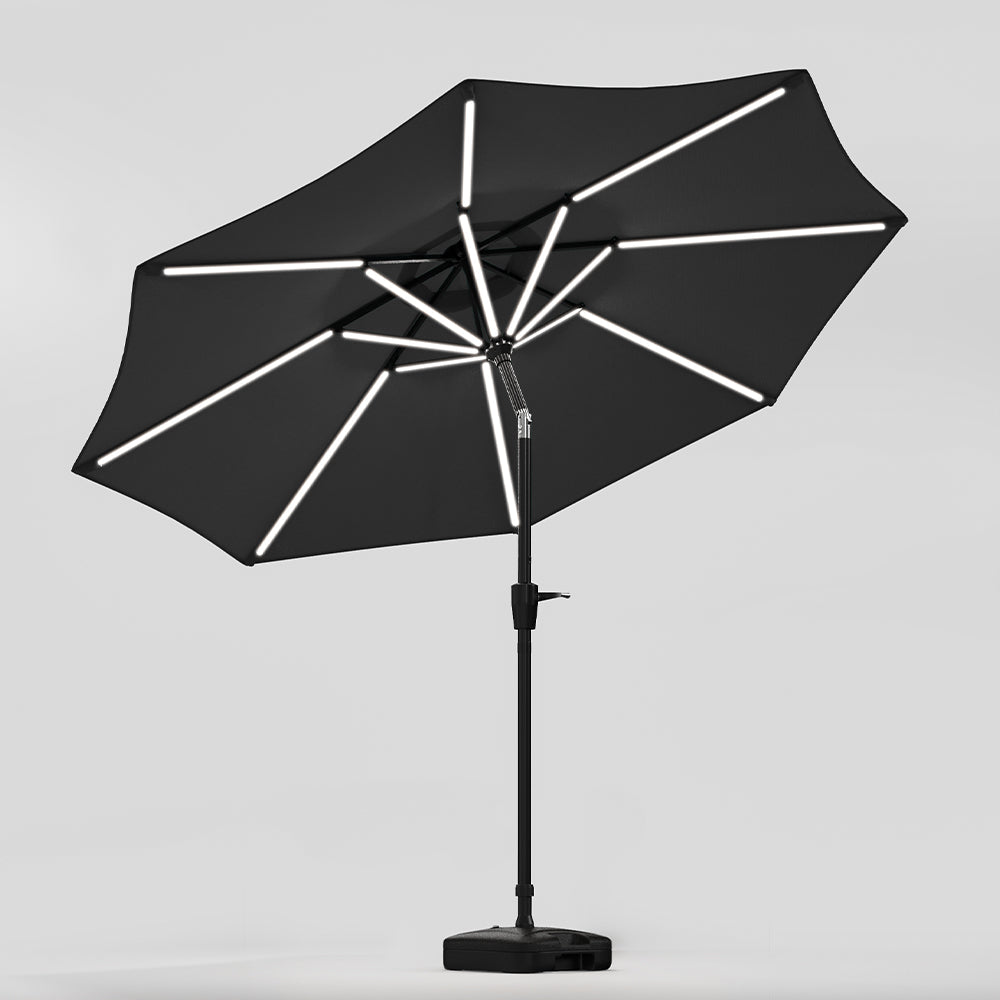 Black 3M Lighted Market Sunbrella Umbrella with Solar Strip LED Lights Parasols & Rain Umbrellas   