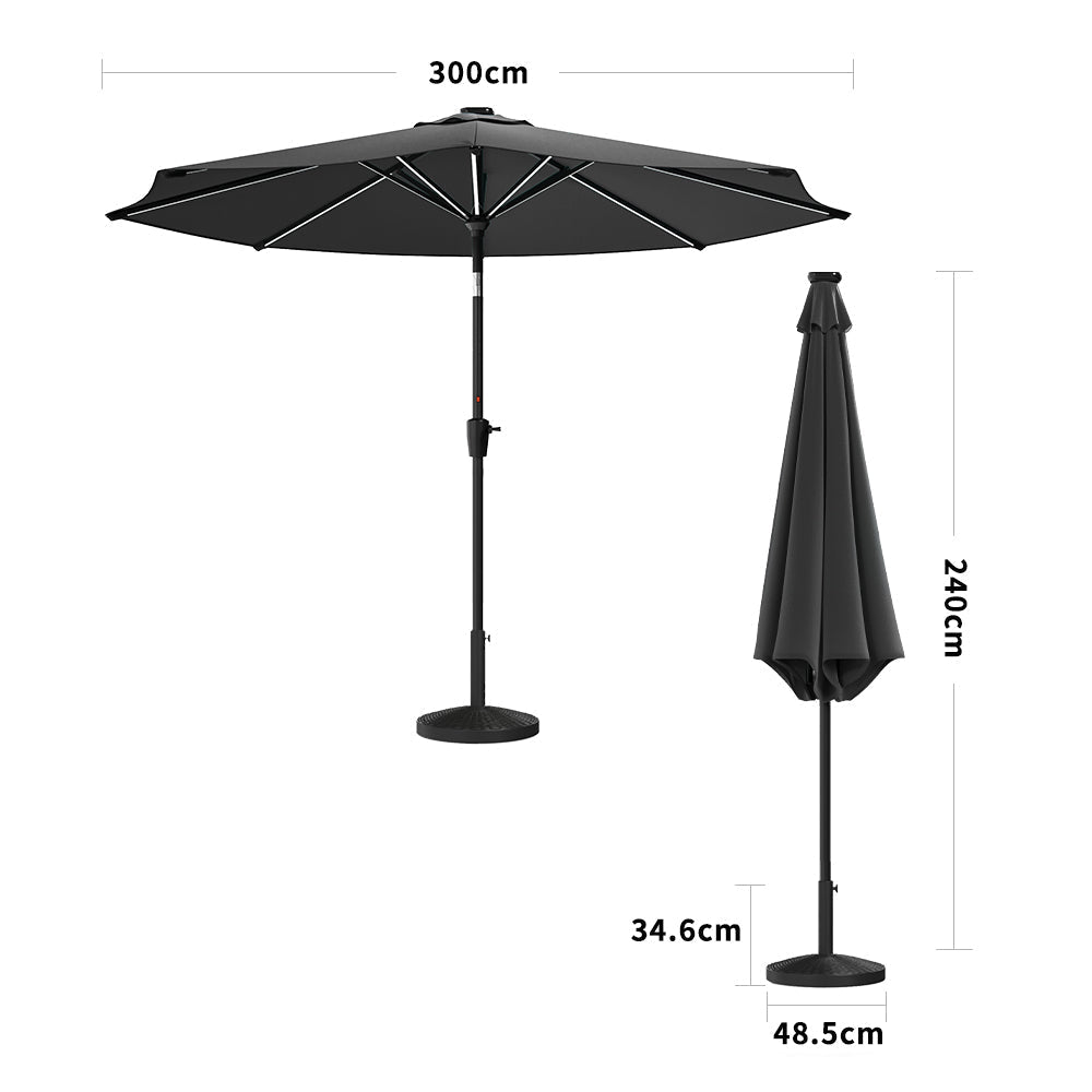 Black 3M Lighted Market Sunbrella Umbrella with Solar Strip LED Lights Parasols & Rain Umbrellas   Parasol + Rattan Effect 14KG Resin tank base 