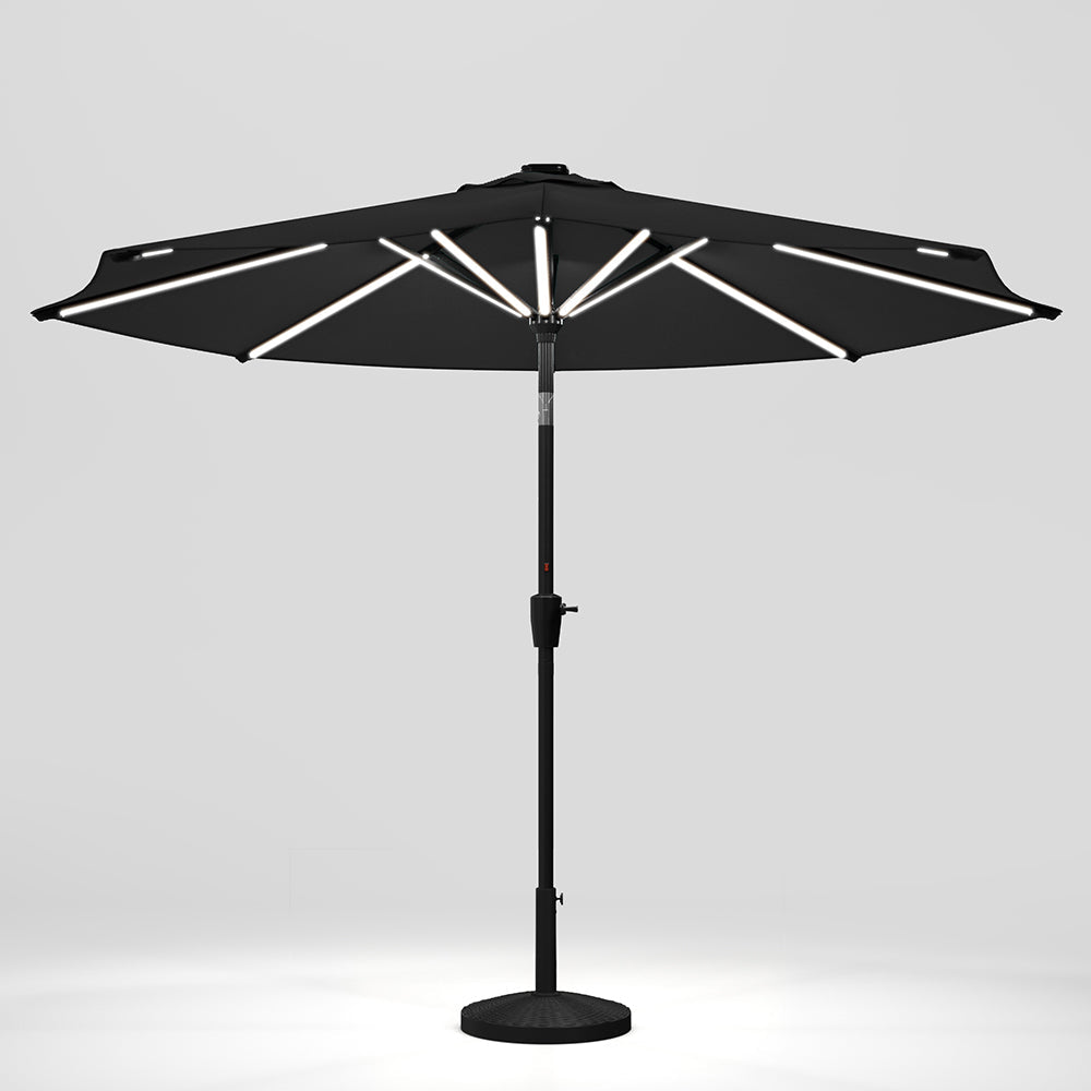 Black 3M Lighted Market Sunbrella Umbrella with Solar Strip LED Lights Parasols & Rain Umbrellas   